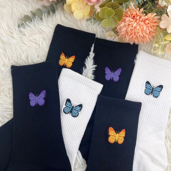 Butterfly embroidered socks,comfortable socks,sports socks,gift for her,spring socks,cotton socks,perfect gift,Cute Novelty Cotton Crew Sock