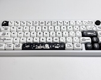 140Pcs Black White Cat Theme Keycap Set,Cute Cat Keycap,PBT Keycap,MOA Profile Keycap,Mechanical Keyboard Keycap,Keycap Decor,Cat Lover Gift