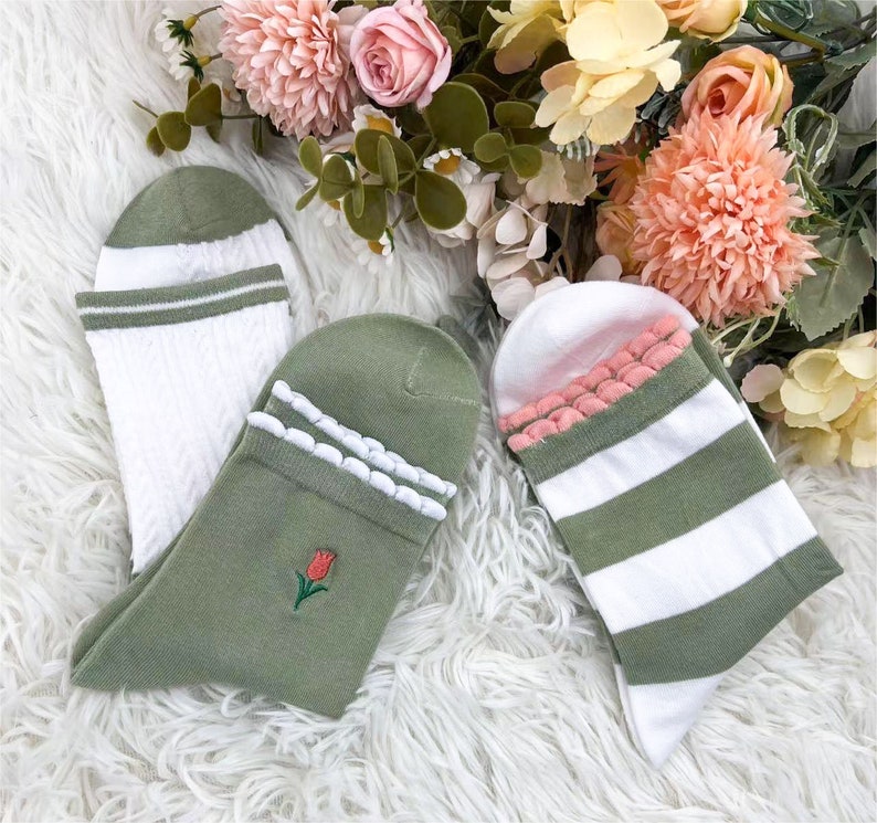 Green Tulip Socks, Embroidered Flower Socks,spring Socks,comfortable ...