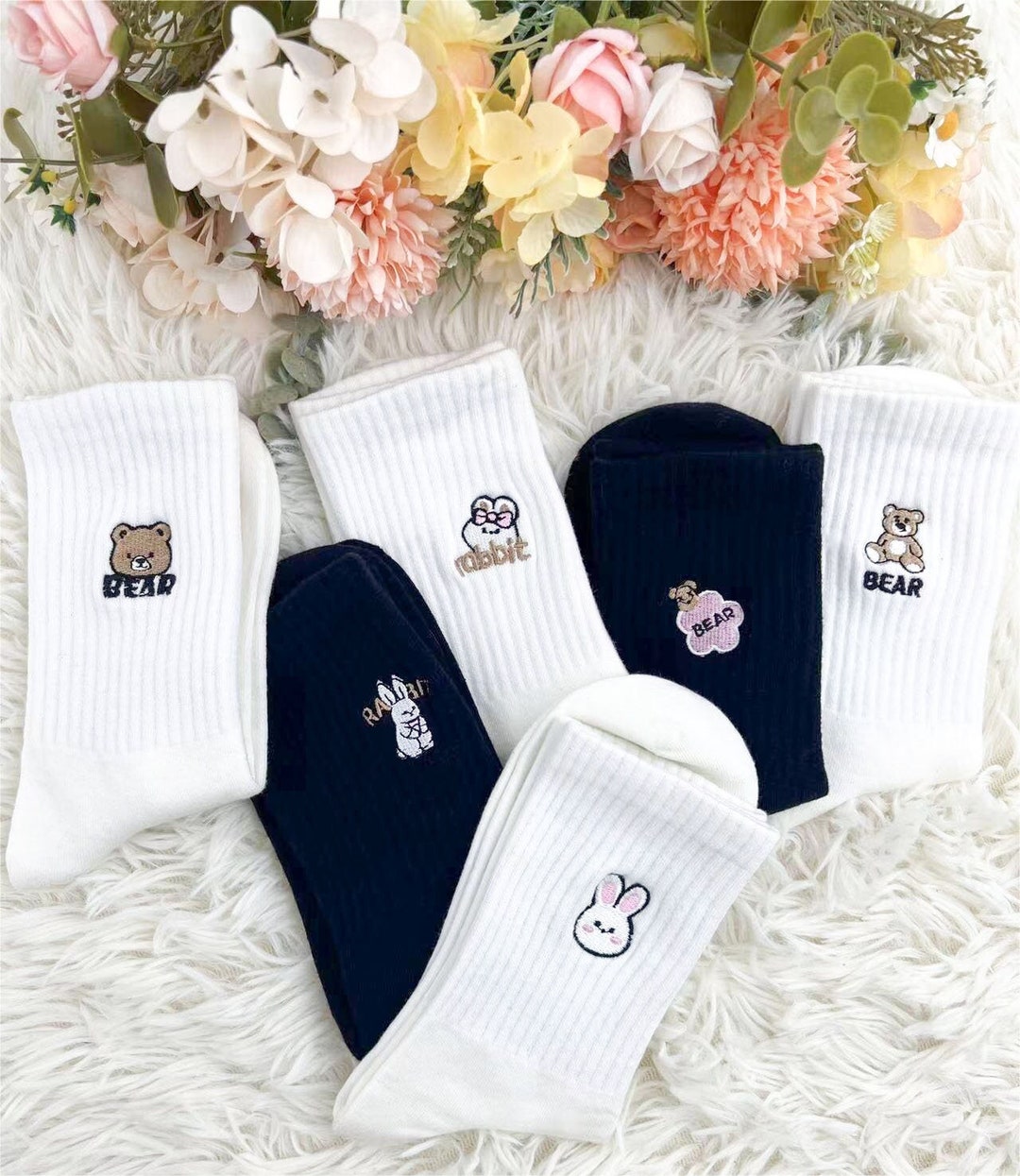 Rabbit Socks, Teddy Bear Socks, Cute Socks, Embroidered Socks, Sweet ...