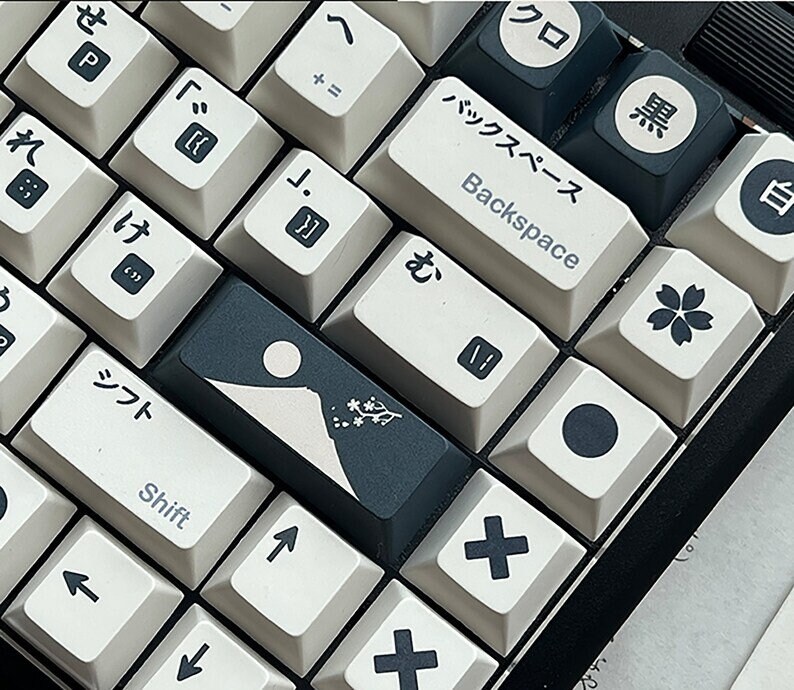 140pcs Mt. Fuji Cherry Blossom Theme Keycap Set, Black White Japanese keycaps, Cherry Profile