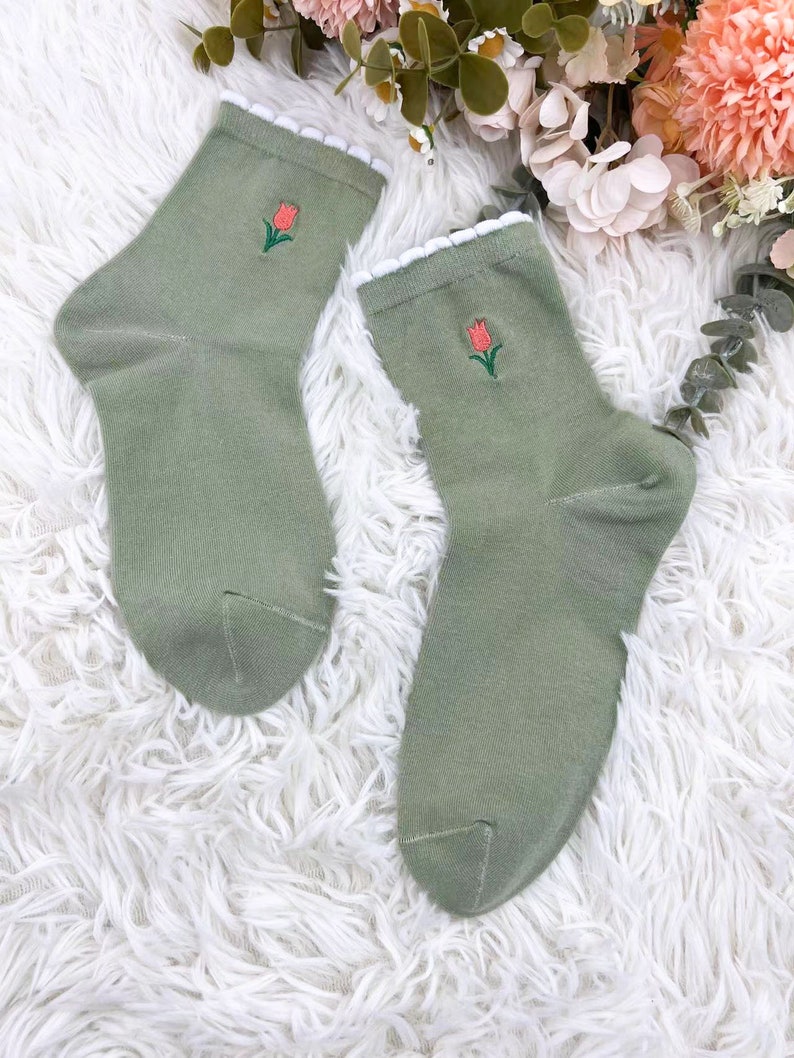 Green Tulip Socks, Embroidered Flower Socks,spring Socks,comfortable ...