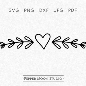 May include: Black and white line art design featuring a heart in the center, flanked by leafy branches. The image includes the text "SVG PNG DXF JPG PDF" at the top and "PEPPER MOON STUDIO" at the bottom.
