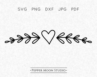SVG de corazón con adornos / Separador decorativo de hojas / Boceto dibujado a mano / SVG PNG DXF PDF JPG / Descarga digital instantánea