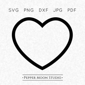 May include: A black outline of a heart shape, centered on a textured white background. Above the heart are the file type abbreviations: SVG, PNG, DXF, JPG, and PDF. Below the heart is the text "PEPPER MOON STUDIO."