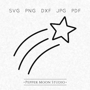 Könnte beinhalten: Eine schwarze Strichgrafik einer Sternschnuppe mit drei geschwungenen Linien. Der Text SVG, PNG, DXF, JPG, PDF erscheint oben und der Text PEPPER MOON STUDIO ist unten in der Mitte des Designs platziert.