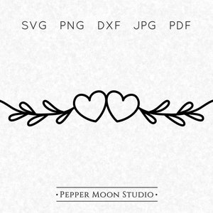 May include: A black and white vector graphic showing two hearts joined in the middle, with leafy sprigs branching out. The image includes file type abbreviations: SVG, PNG, DXF, JPG, and PDF. The text "PEPPER MOON STUDIO" is at the bottom.