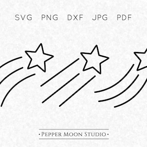May include: A black and white digital illustration featuring three shooting stars. Each star is five-pointed, with curved lines trailing behind. The image includes the text "SVG PNG DXF JPG PDF" and "Pepper Moon Studio."