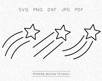 Paquete de estrellas fugaces SVG / Cinco puntas con rastro de cola / Contorno básico simple / Archivos SVG PNG DXF PDF JPG / Descarga digital