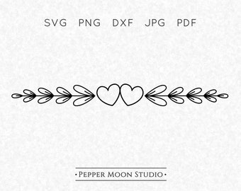 Borde de corazón SVG / Separador con adornos / Dos dobles / Dibujado a mano / Archivos SVG PNG DXF PDF JPG / Descarga digital instantánea