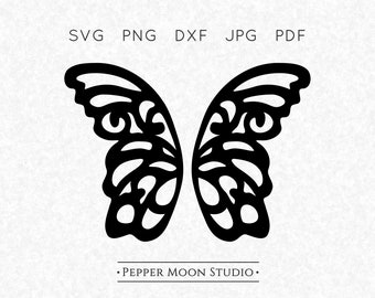 Ala de mariposa SVG / Silueta de imagen reflejada dividida por la mitad / Archivos Svg, Png, Dxf, Pdf y Jpg incluidos / Descarga digital instantánea