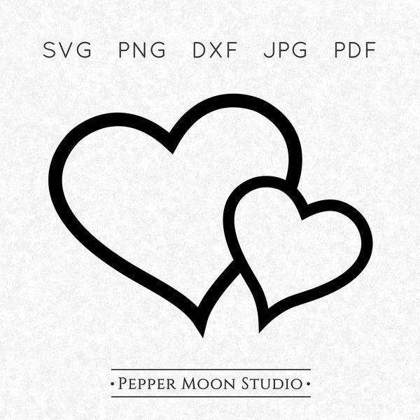 Double Heart SVG | Two Hearts Side by Side Overlapping Joined Offset Tapered Outline | Svg Png Dxf Pdf Jpg files | Instant Digital Download