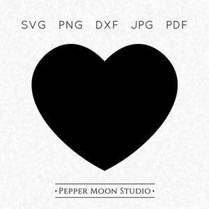 May include: A solid black heart shape on a textured white background. The image includes the text "SVG PNG DXF JPG PDF" at the top and "PEPPER MOON STUDIO" at the bottom.