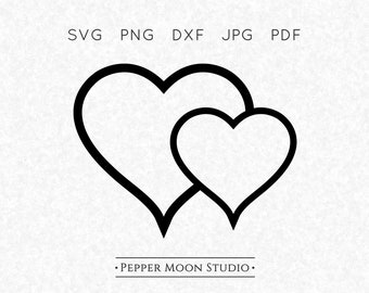 SVG de doble corazón / Dos corazones superpuestos unidos y ahusados / Sencillo, básico / Archivos SVG, PNG, DXF, PDF y JPG / Descarga digital