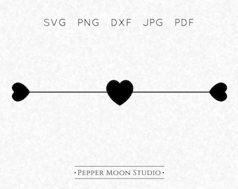 Borde de corazones SVG / Separador decorativo / Fila de tres corazones de línea fina / Archivos SVG PNG DXF PDF JPG / Descarga digital instantánea