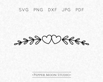 SVG de corazones con adornos / Guirnalda de corazones dobles / Separador de borde de hojas / Dibujado a mano / Archivos SVG, PNG, DXF, PDF y JPG / Descarga digital instantánea