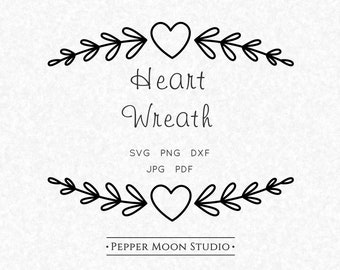 Borde de corazón SVG / Corona de hojas / Separador con adornos / Boceto de garabatos dibujado a mano / Archivos SVG PNG DXF PDF JPG / Descarga digital