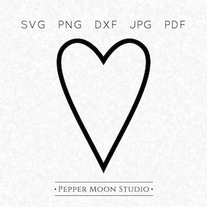 May include: A black outline of a heart shape, centered on a textured white background. Above the heart are the file type abbreviations: SVG, PNG, DXF, JPG, and PDF. Below the heart is the text "PEPPER MOON STUDIO."
