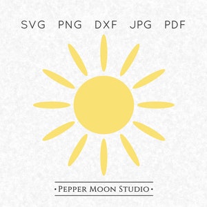 May include: A yellow sunburst design with a central circle and radiating rays. The image includes file type abbreviations: SVG, PNG, DXF, JPG, and PDF. The text "PEPPER MOON STUDIO" is at the bottom.