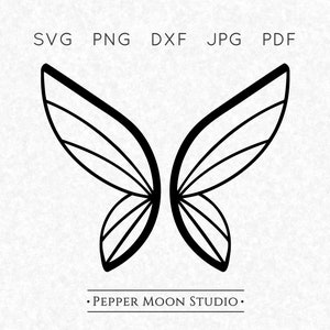 May include: Black and white butterfly wing design with the text "SVG PNG DXF JPG PDF" at the top. The words "PEPPER MOON STUDIO" are at the bottom. The wings are outlined with thick black lines.