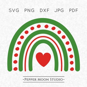 May include: A digital graphic of a green and red rainbow with a red heart in the center. The rainbow has red dots and lines. The text at the top says SVG, PNG, DXF, JPG, PDF. The text at the bottom says • PEPPER MOON STUDIO •.