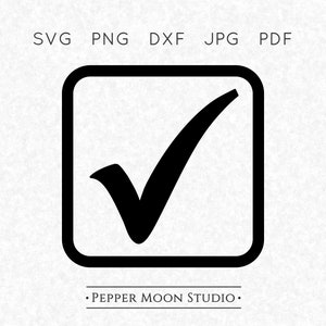 May include: A black checkmark icon centered inside a rounded square outline. Above the icon, the text reads SVG, PNG, DXF, JPG, PDF. Below the icon, the text reads PEPPER MOON STUDIO, enclosed by two horizontal lines with dots at the ends.
