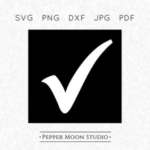 May include: A black square with a white checkmark inside. Above the square are the file type abbreviations: SVG, PNG, DXF, JPG, and PDF. Below the square is the text: • PEPPER MOON STUDIO •