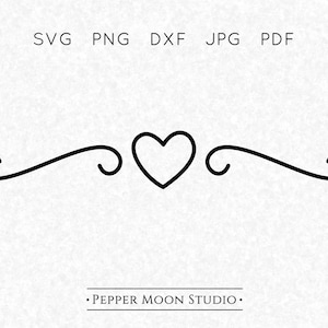 May include: Black line art design featuring a heart in the center, flanked by curved flourishes. The image includes the text "SVG PNG DXF JPG PDF" at the top and "Pepper Moon Studio" at the bottom.