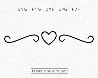 Divisor de corazón SVG / Texto decorativo con acentos / Remolino floreciente con garabatos / Archivos vectoriales Svg, Png, Dxf, Pdf y Jpg / Descarga digital