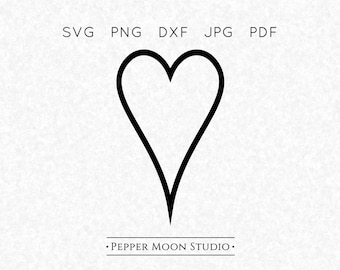 Corazón delgado SVG / Contorno abierto, largo, alto, simple, marco delgado / Fondo transparente / Archivos vectoriales SVG PNG DXF PDF JPG / Descarga digital