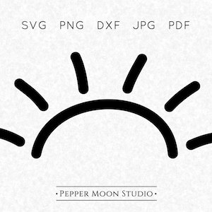 May include: A black graphic illustration of a stylized sun rising, featuring a semi-circle base with five radiating lines. Above the sun, the text reads SVG PNG DXF JPG PDF. Below the sun, the text reads PEPPER MOON STUDIO.