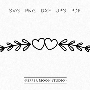 Corazón florido SVG / Doble corazón Swag / Borde divisor de hojas / Boceto dibujado a mano / Archivos Svg, Png, Dxf, Pdf y Jpg / Descarga digital