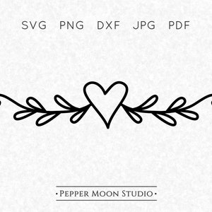 May include: A black and white line drawing of a heart surrounded by leaves and curling vines. The image includes the text "SVG PNG DXF JPG PDF" above and "PEPPER MOON STUDIO" below the design.