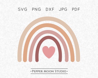 Arcoíris neutro con corazón / Tonos tierra pastel boho apagados / Básico simple / Archivos SVG, PNG, DXF, PDF y JPG / Descarga digital instantánea