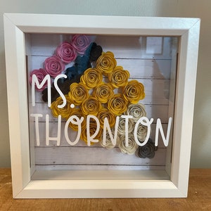 Teacher Shadow box, teacher appreciation gift, end of the year teacher gift, teacher Christmas gift, paper flower pencil