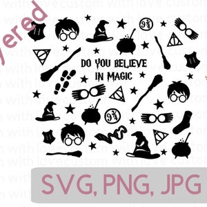 May include: Black and white graphic design featuring a variety of Harry Potter themed icons, including a wizard's hat, glasses, a cauldron, a wand, and the words "Do you believe in magic?"