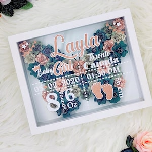 Puede incluir: Una caja de sombra blanca con un diseño de mariposa hecho de flores de papel en tonos de verde, rosa y blanco. La caja incluye el nombre "Layla", el texto "Baby Girl", la fecha "05 02 2020", la hora "01:30 PM", la ubicación "Toronto, Canadá", y el peso y la longitud del bebé: "8 lbs 6 oz" y "56 cm".