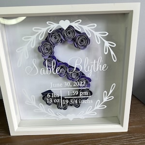 Baby shadow box, birth announcement, baby stats, flowers shadow box, paper flowers, personalized shadow box, custom flower box