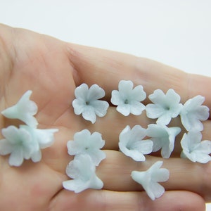 May include: A collection of pale blue, five-petal flower embellishments, scattered on a hand.