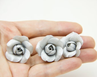 Light Silver Roses Flowers Beads 0,8"-1" (2-2,5cm), Rose Beads Jewelry Making, Flower Roses Polymer Clay Tiara Making, Floral Beads Clay