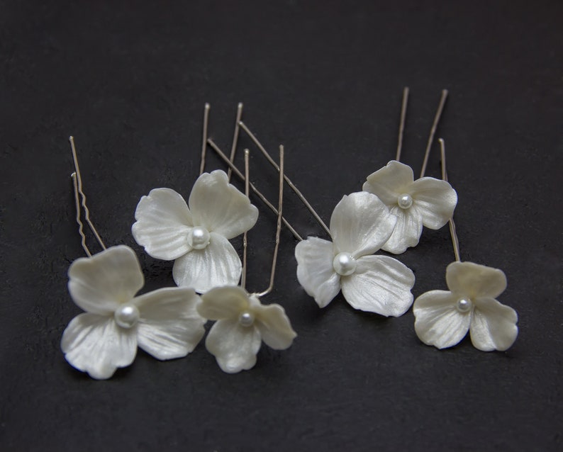 Bridal Flower Hair Pins Polymer Clay, Pearl Hair Clip, Handmade Flower