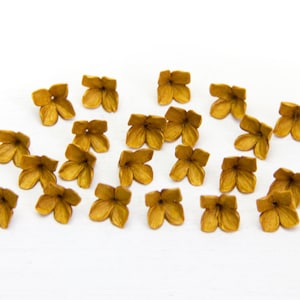 Puede incluir: Una colección de 18 pequeñas flores de tela de color dorado. Las flores están esparcidas sobre una superficie blanca.