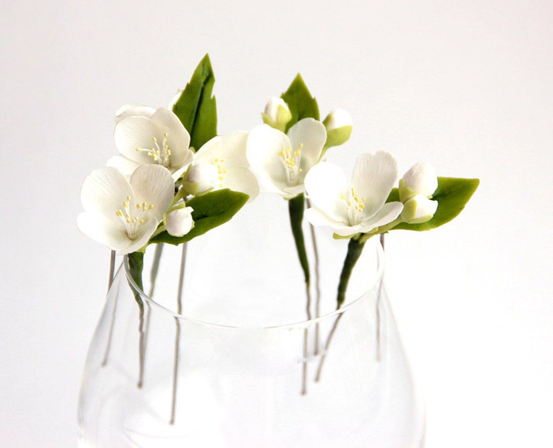 Wedding White Flower Hair Pins, Jasmine Flower Hair Pins, Bridal Floral