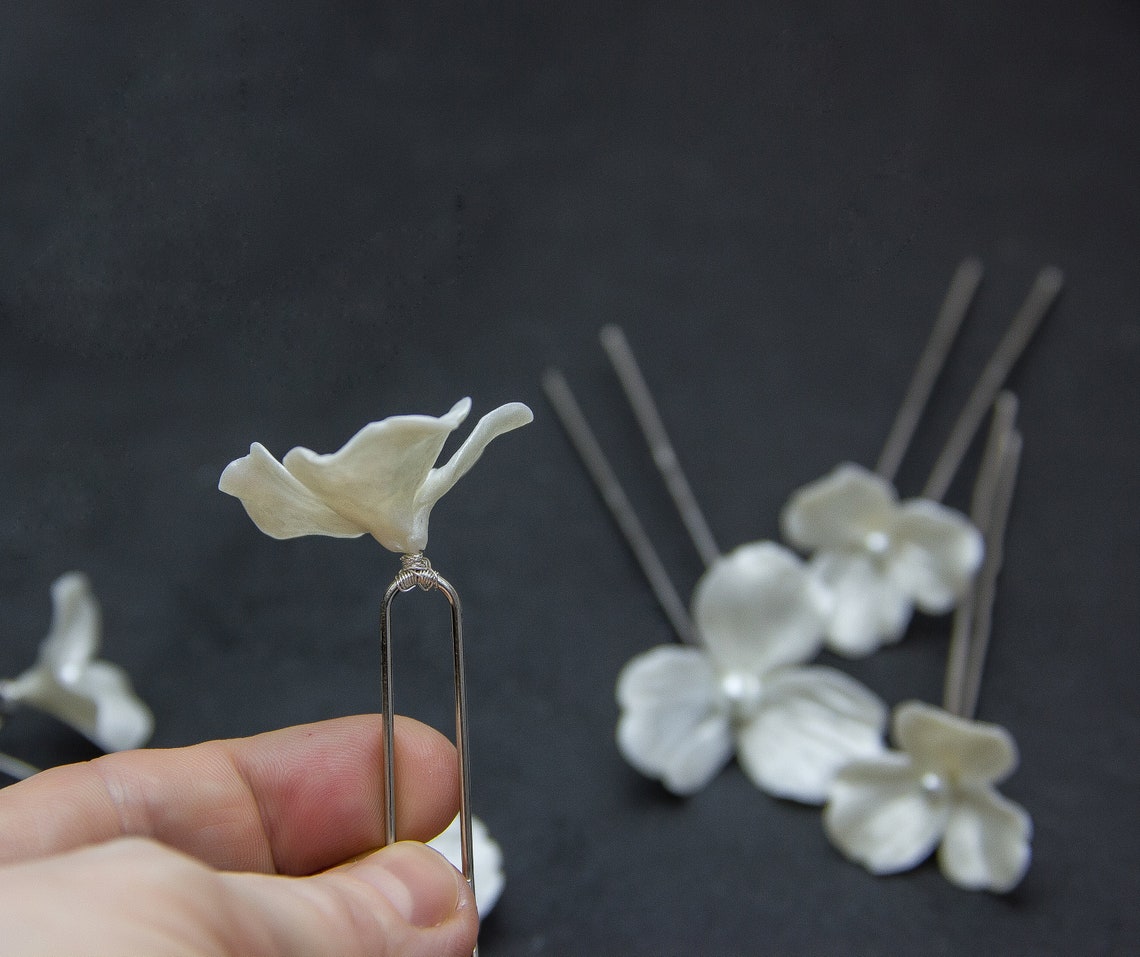 Bridal Flower Hair Pins Polymer Clay, Pearl Hair Clip, Handmade Flower