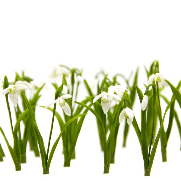10 pcs Small Snowdrop With Leaves For Home Decor (10 pcs), Flowers Snowdrops Polymer Clay