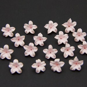 Peut inclure: Une collection de 16 embellissements floraux en tissu rose, chacun avec cinq pétales, disposés sur un fond noir.