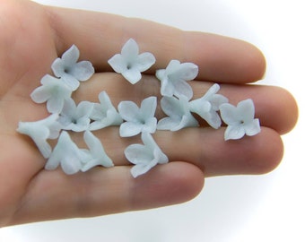 20 pcs Blue Ice Quartz Lilac Flowers Polymer Clay 0.4"-0.48"(10-12mm), Blue Floral Beads for Making Jewelry, Blue Transparent Effect Flower