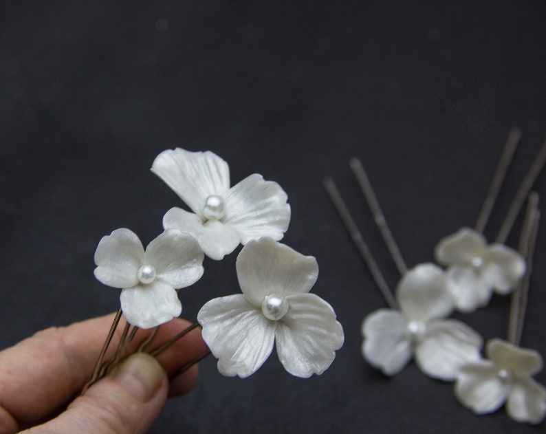 10 pcs Pearl Flower Beads Polymer clay 12,5cm, 1.43,5cm, Floral Beads Jewelry Making, Flower for tiaras, Pearl effect image 9