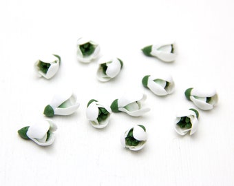 Snowdrops Buds Flowers Polymer Clay Beads,  White Handmade Beads Jewelry Making
