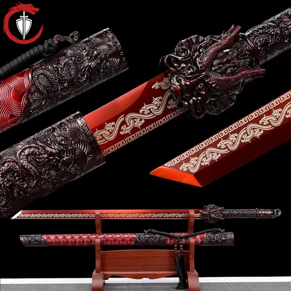 Red Dragon Katana, Japanese Samurai Handmade 1060 High carbon steel, Full Tang Sharp.